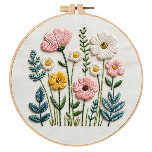 Embroidery Kit for Beginners & Adults Starter Kit, Cross Stitch Kits,DIY Hand Embroidery Needlepoint Set with Hoop, Pre-Printed Fabric, Threads and Instructions (Flower) - color: Flower