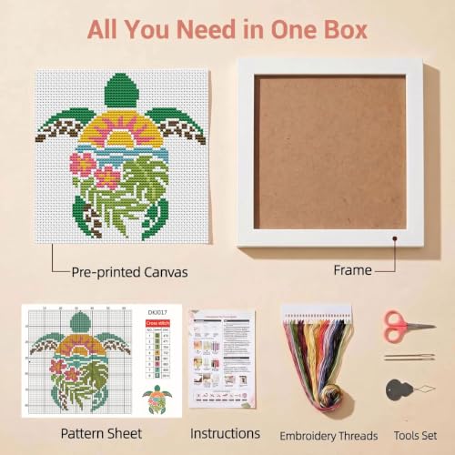 Sea Turtle Stamped Cross Stitch Kits for Beginners Adults with Framed - color: DKJ017
