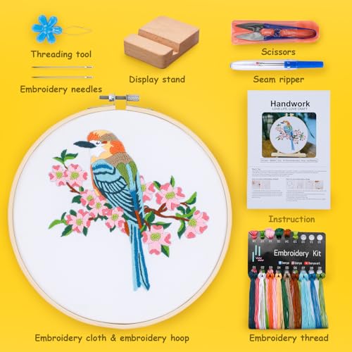 Hummingbird and Flower Embroidery Kit for Adults, DIY Embroidery Kits with Original Design Patterns, Learn to Embroider Kit Beginner with Needles and Thread, Clear Instructions and Video (BEB001) - color: bird blue and white