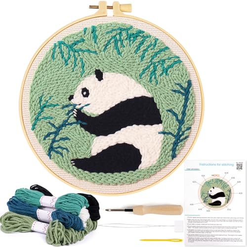 KESTAR Punch Needle Embroidery Starter Kits, Panda Bamboo Punch Needle Kits for Adults Beginner, Needle Punch Kit Tool with Instruction Threader Fabric Yarns and Hoop - color: Black White Panda