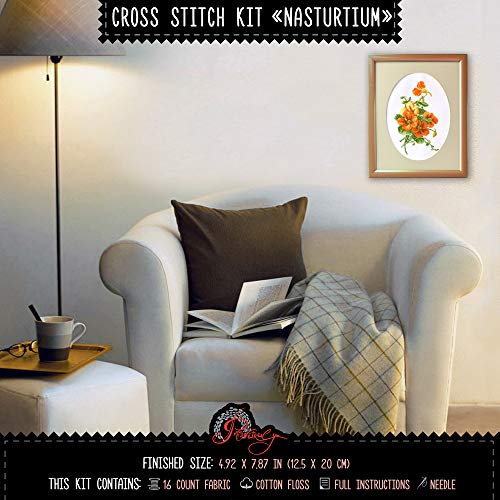 Povitrulya Summer Flowers Cross Stitch Kit 'Nasturtium' - Floral DIY Embroidery Set for Adults with Paper Pattern and Prestored Floss - color: Nasturtium