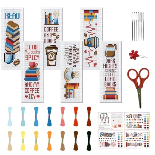 FREEBLOSS 6 Set Cafeteria Cross Stitch Bookmark Stamped Cross Stitch Kit with Coffe&Books Patterns Embroidery Kit with Instruction DIY Bookmark Kit for Gift Adults 8.67''x3'' - style: Coffee Text