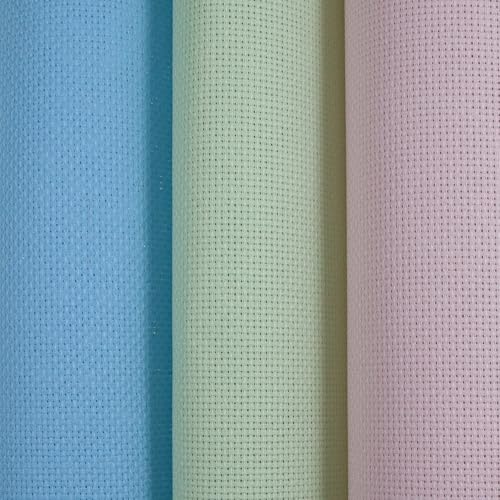 KCS 3 pc of 15" x 18"(38cmx45cm) Counted Cross Stitch Cotton Aida Cloth Needlework Rolled Fabric Box,16CT,Light Blue+Pink+Light Green - color: Light Blue+pink+light Green, size: 16CT