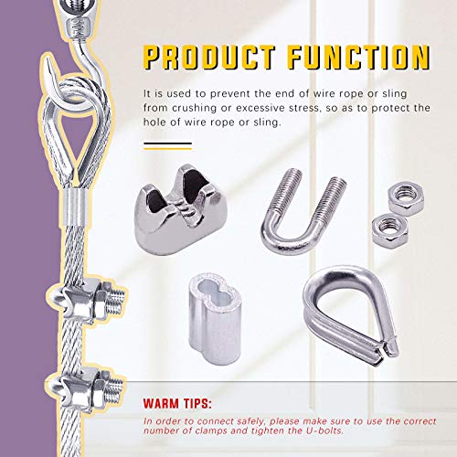 Swpeet 24Pcs M8 (5/16") Wire Rope Accessory Set, Included M8 Wire Rope Cable Clip Clamp, M8 Stainless Steel Thimble, 4mm Aluminum Crimping Loop Sleeve Perfect for 1/8 inch Wire Rope Cable (M8) - size: M8