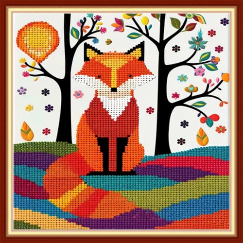 Redxing Stamped Cross Stitch Kits Full Range of Embroidery Starter Kits- Needlepoint Counted Cross Stitch Kits for Beginner Adults 11CT Printed Embroidery Kit- Rainbow Fox 18x18 inch - color: DIYArtsKit15