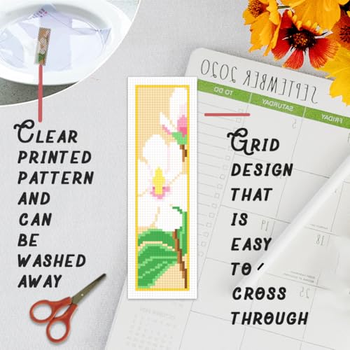 BEUNITONE 6 Pcs Flower Cross Stitch Bookmark Kits for Beginners Magnolia DIY Stamped Cross Stitch Kit Vintage Floral Embroidery Kit with Instruction for Craft Book Lover Reader Writer 8''x2.4'' - style: Magnolia