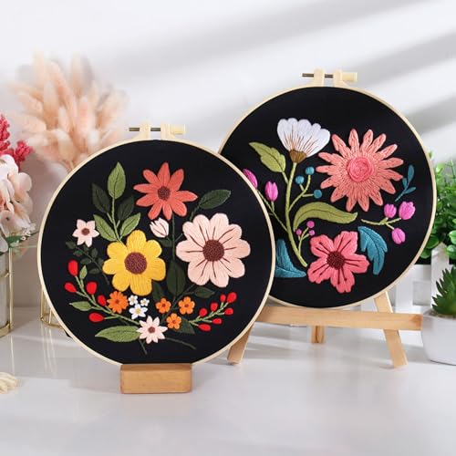 Louise Maelys 3 Pack Floral Embroidery Kit for Beginners, Washable Fabric - color: florals