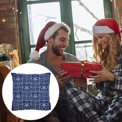 WEBEEDY DIY Sashiko Pillowcase Template Set for Traditional Japanese Sashiko Pattern Fabric Pillowcase Embroidery Kit Stitching Sashiko with Video Instructions for Home Sofa Decor, 15.7x15.7inch