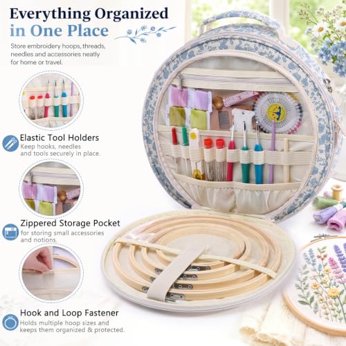 MYBAGZING Embroidery Bag, Hoop Storage Organizer up to 11" for Cross Stitch - color: Blue Flower