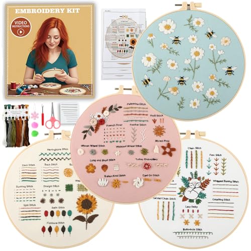 JOINRUN Beginner Embroidery Kit for Adults, 4 Pack with Video Tutorial - color: Fox