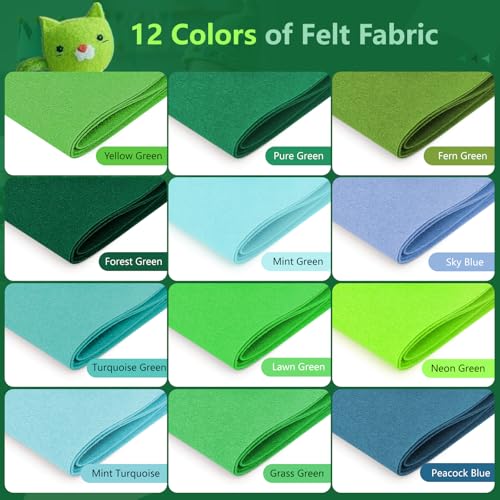 12 Rolls 8"x35" Large Stiff Felt Sheets, 1mm Felt Fabric Sheet for Crafts - color: Green Series