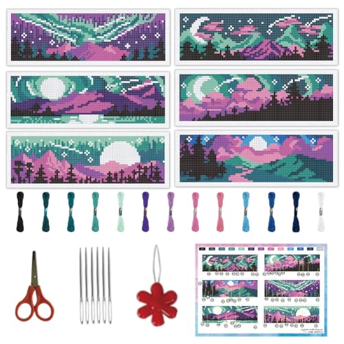 INFUNLY 6PCS Night Sky Cross Stitch Bookmark Kits 3×8.5inch Horizontal Landscape Stamped Embroidery Page Marker DIY Starry Night Needlepoint Bookmark Kit for Book Lovers Writers Gift - style: Night Sky
