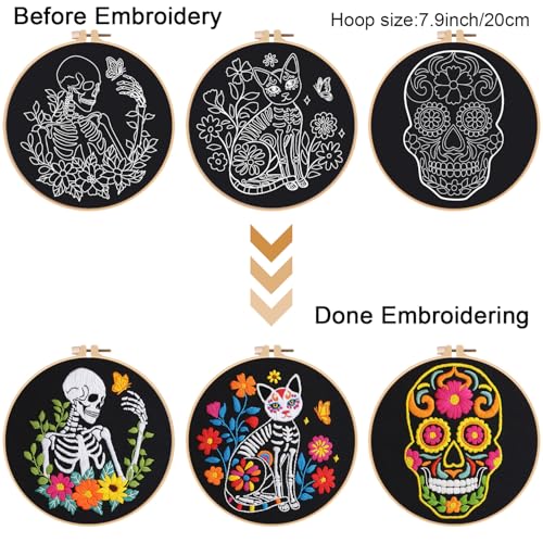 Louise Maelys 3 Set Halloween Skull Embroidery Kit for Beginners - color: skull flower
