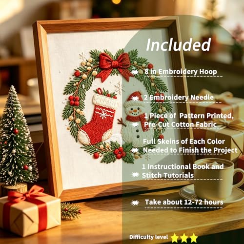 FONNUY Cute Christmas Embroidery Kit for Beginners, Festive Winter Pre-Printed Pattern & Supplies Set for Adults, DIY Handmade Needlepoint Kits Wall Art, 8'' Hoop (Holly Berries) - color: Holly Berries