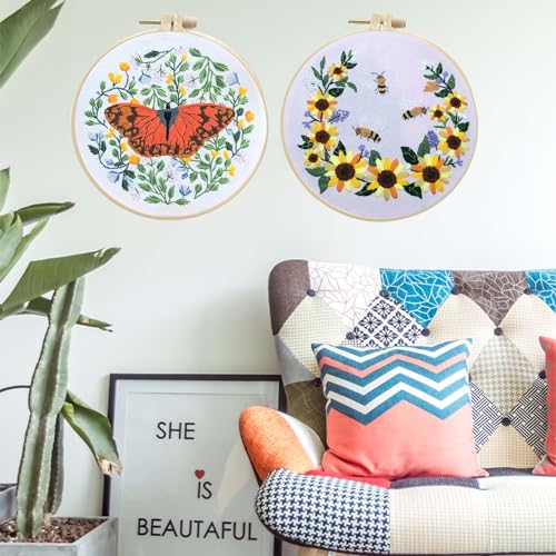 Allazone 2 Sets Embroidery Kit for Beginners, Stitch Practice Kits for Craft Lover Hand Stitch with Embroidery Fabric with Stamped Pattern, Starter Stitch Kits Suitable for Adults (Butterfly) - color: Butterfly