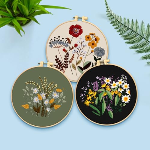 ERKOON 3 Sets Embroidery Kit, Floral Cross Stitch Set for Include Embroidery Cloth Hoops Threads for Craft Lover Hand Stitch (Plants & Flowers) - color: Plants & Flowers