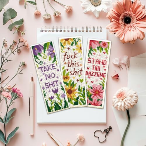 ORIGACH 6 Set Flowers Sayings Cross Stitch Bookmark Kit for Beginner - style: Flowers Sayings