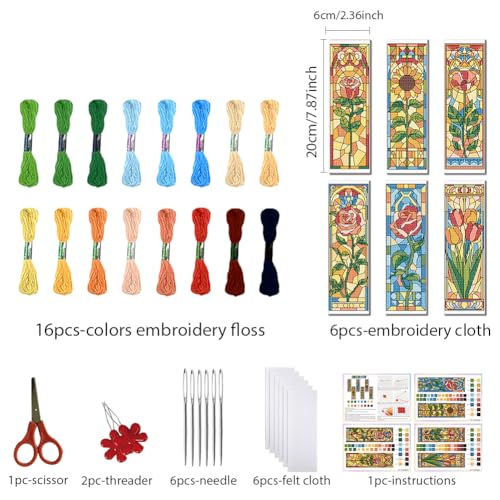 FREEBLOSS 6 Set Cross Stitch Bookmark Kits 8"x2.4" Colored Glass Flowers - style: Glass flower