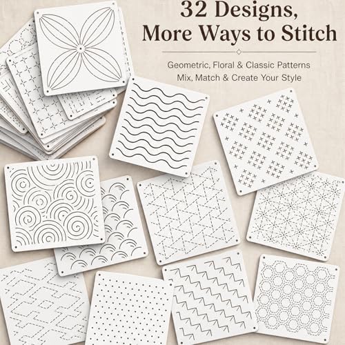 32 PCS Sashiko Stencil Kit, 5.1x5.1 Inch Reusable Pattern Drawing Templates,Durable Plastic Craft Stencil for DIY Sewing, Embroidery, Scrapbooking and Handmade Art Decoration