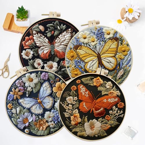LB 4 Pack Colorful Butterfly Embroidery Kit for Beginners Nature Flower Beginner Embroidery Kit for Adults DIY Starter Kit with Embroidery Hoop Colorful Threads Tools Step by Step Instructions - color: Blue