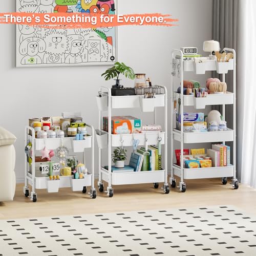 2 Tier Small Rolling Cart Metal with Wheels, White Under Desk Storage Carts - color: Light White, size: 2 Tier + Cups + Hooks