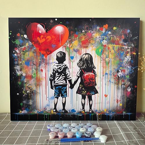 Banksy Two Little Playmates Oil Painting Street Graffiti Art Paint by Number Kits 16 x 20in Canvas DIY Oil Painting for Kids Adults with Brushes and Acrylic Paint Thankful Grateful Blessed Home Decor - color: Banksy-03, size: 16''Wx20''H(DIY Frame)