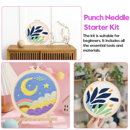 Cheloment 2 Sets Punch Needle Kits with 5mm/3.5mm Punch Needle,Fabric,Threader, Yarns and Hoops Embroidery Starter Kit for Adults Beginner, Perfect for DIY Craft and Decoration (Moon&Leaf) - size: Leaf & Moon