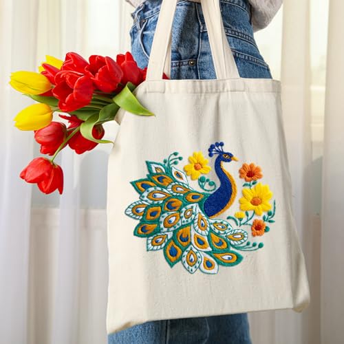 Louise Maelys Peacock Flower Embroidery Kit for Beginners Canvas Tote Bag - color: Peacock