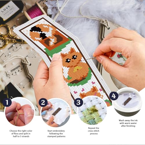 INFUNLY 6 Set Cat Cross Stitch Bookmark Kits Carton Kitten DIY Cross Stitch Kit for Beginners Black Cat Stamped Embroidery Bookmark Kit with Backing Felt Floss Instruction for Starters Book Lovers - style: 6pcs Carton Kitten