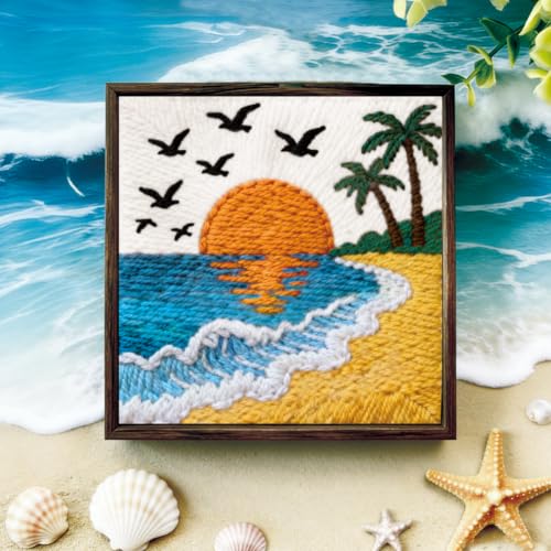 BEUNITONE 2Set Punch Needle Kits with Beach Pre-Print Pattern Easy for Adults Beginners, DIY Craft Embroidery Needlepoint Kits, Punch Needle Set for Craft Lovers Home Decor Festival Gift 9.4x9.4 - color: 02-Ocean Scenery