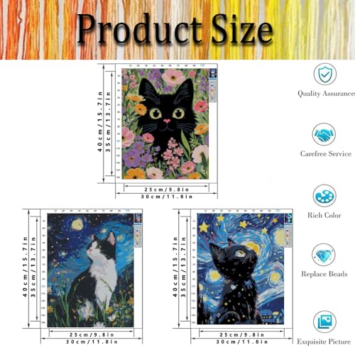 3 Pack Black Cat Scenery Stamped Cross Stitch Kits for Adults Beginners - color: Black Cat