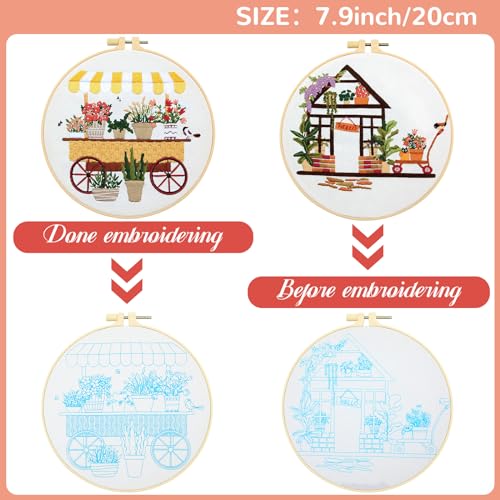 Kigley 5 Sets Embroidery Starter Kit for Adults Plant Lover Gifts for Women Beginners Flower Embroidery Shop Pattern Cross Stitch Set Flower Needlepoint Kits