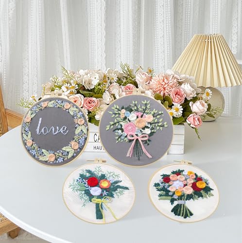 CanVrinxol 4 Sets Christmas Embroidery Kits for Adults Beginners, Cross Stitch Kits with Patterns, Hoops, Threads, Needles & Tools, DIY Craft Gift Ideas (Flower) - style: Flower