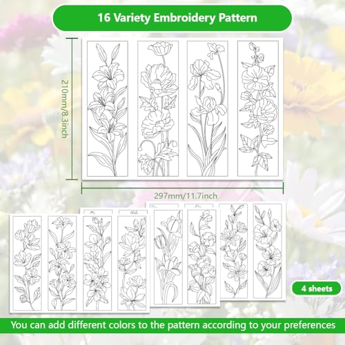 ORIGACH 4 Sheets Water Soluble Embroidery Patterns Stabilizers - 16 Pcs Pre-Printed Flower Bookmark Designs - Stick & Stitch Embroidery Paper for Hand Sewing Lovers - color: Flower Bookmark