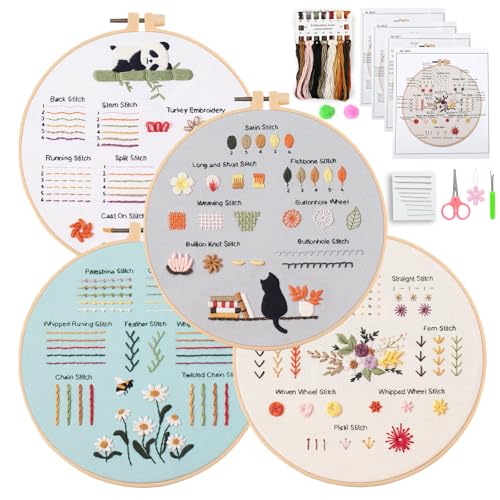 JOINRUN Beginner Embroidery Kit for Adults, 4 Pack with Video Tutorial - color: Panda