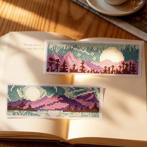 INFUNLY 6PCS Night Sky Cross Stitch Bookmark Kits 3×8.5inch Horizontal Landscape Stamped Embroidery Page Marker DIY Starry Night Needlepoint Bookmark Kit for Book Lovers Writers Gift - style: Night Sky