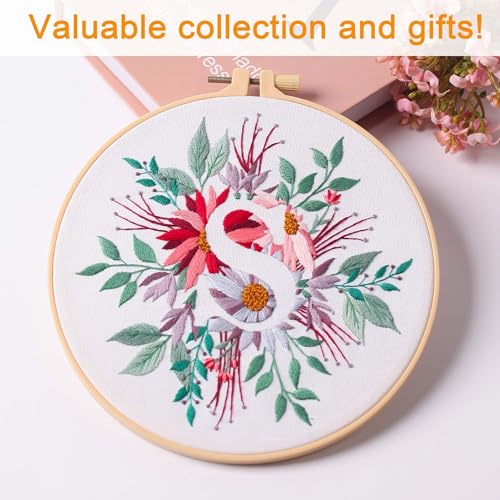 Harimau Letter Pattern S Embroidery Kit for Adult Beginners, Complete Starter Pack with 1 Hoop, Needles, Instruction Guide & Embroidery Stitch Video Tutorials - color: S