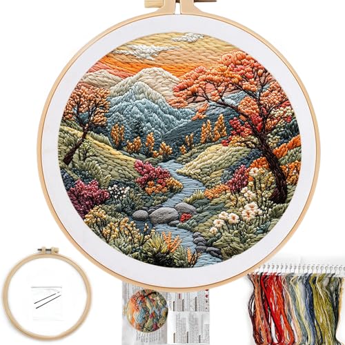 FONNUY Embroidery Kit for Beginners, Boho Nature Landscape Pre-Stamped Pattern Kits for Adults with Hoop, Easy to Follow Color Thread Needlework, 8'' Hoop (Mountain Stream) - color: Mountain Stream