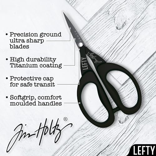 Tim Holtz Left Handed Scissors - 5 Inch Mini Snips with Micro Serrated Blade - Lefty Craft Tool for Cutting Paper, Fabric, and Sewing - Titanium with Black Comfort Grip Handles - size: 5" Left Handed