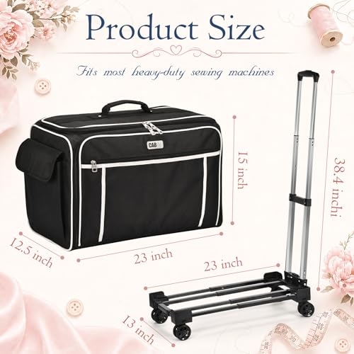 CAB55 XXL 23-Inch Rolling Sewing Machine Case with 4 Wheels, Extra Large Carrying Case for Professional Embroidery and Heavy Duty Sewing Machines with Bottom Support Board (Black) - color: Black