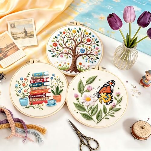 FEIYUENO 3 Sets Embroidery Stitch Kit for Beginners Adults (Tree Book) - color: Book Tree