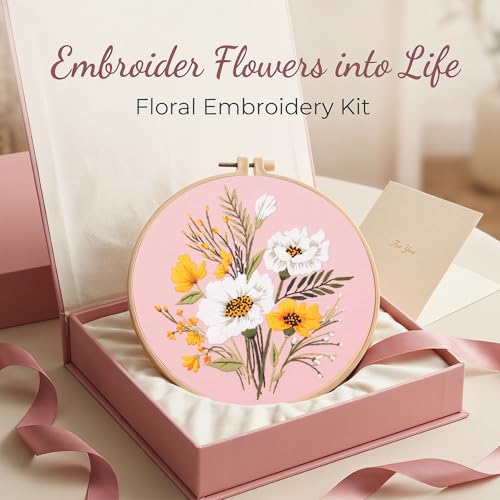 Harimau Adult Beginner Embroidery Starter Kit, Complete Set with 4 Patterns, 2 Hoops, Needles, Scissors, Instruction Guide & Stitching Video Tutorials - color: Floral2 pattern