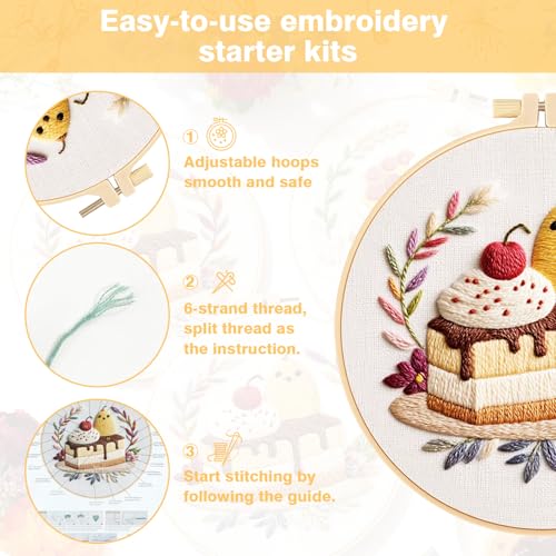 RidaaFri Embroidery Kit for Beginners, 3PC Starter Set Cake Fruit Patterns