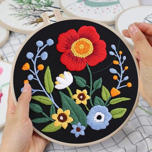 Louise Maelys Embroidery Kit Canvas Tote Bag with Floral Pattern DIY Crafts - color: flower 2