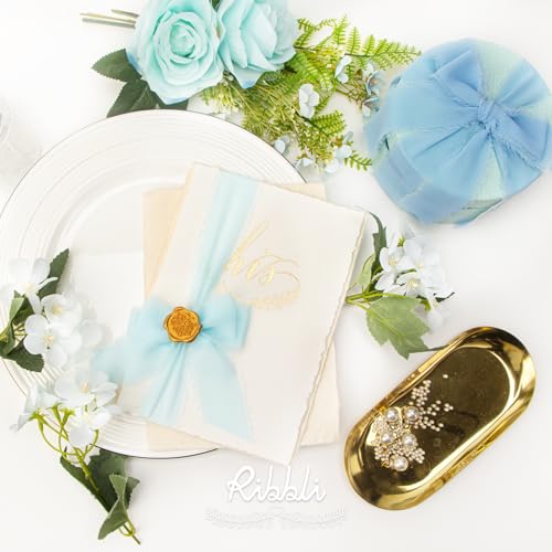 Ribbli Chiffon Ribbon 1.5 inch x 30 Yard Handmade Silk Ribbon,Light Blue/Baby Blue/Dusty Blue Fringe Chiffon Ribbon for Wedding Invitations, Bridal Bouquets Wrapping, Flower Arrangement Decoration - color: Lt.Blue/Baby Blue/Dusty Blue
