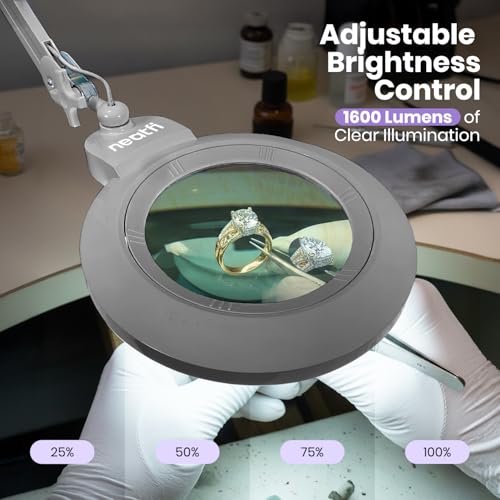 Neatfi XL Bifocal LED Magnifying Lamp, 7” Acrylic Lens, 2.25X/6X Magnification, 1,600 Lumens Dimmable | Hands-Free Close Work | Crafting, Jewelry & Reading (Silver, 7-inch Lens, Non-CCT with Clamp) - color: Silver, size: 7-inch Lens, Non-CCT with Clamp
