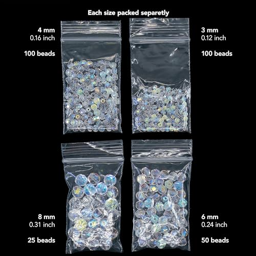 275 pcs Set of Czech Faceted Glass Beads, Fire-Polished Round Crystal AB - 3mm (100pcs), 4mm (100pcs), 6mm (50pcs), 8mm (25pcs) kit for Jewelry Making - color: Faceted, Crystal AB
