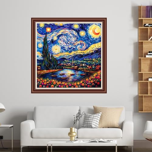 Dimensean Counted Cross Stitch Kit for Beginners, 11CT Unprinted Cross-Stitch Kit Easy Patterns Needlepoint Kit Cross Stitching Embroidery Kit Supplies-Van Gogh's Starry Night View 18x18 inch - color: Patterns06