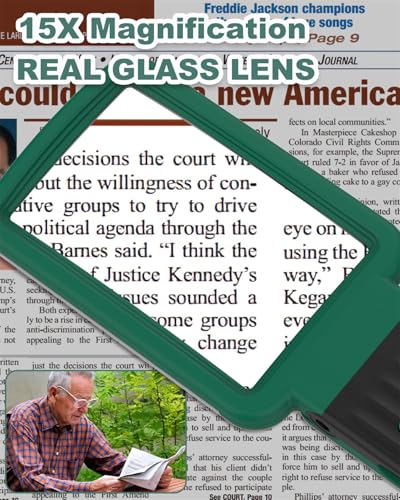 15X Magnifying Glass with Light and Stand, Rechargeable Folding Handheld Real Glass Magnifier, 3 Color Modes Dimmable Lighted Page Magnifying Sheet for Seniors Low Vision Small Prints - Green Black - color: Green-black