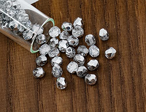 100 pcs of Faceted Fire Polished Pressed Czech Glass Beads 4mm (0.16in), Crystal Silver Aluminum Labrador 00030-27001 BCV - color: Crystal Silver Aluminum Labrador